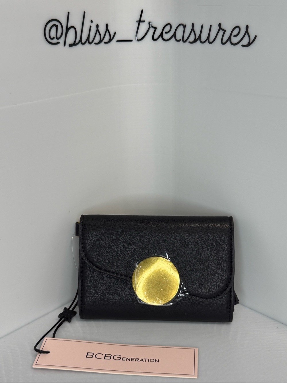 NWT BCBGeneration Black Leather Wallet key chain with Gold Accent